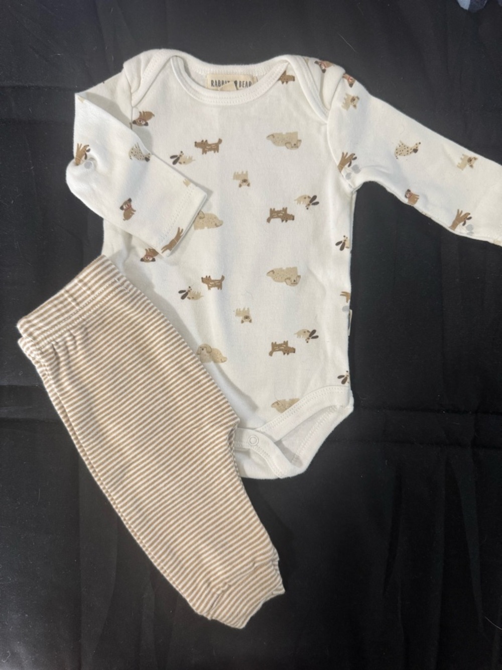 Rabbit and Bear Baby Cream Animal Print Bodysuit & Beige Striped Pants Set